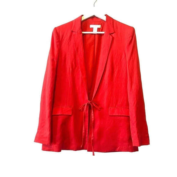 H&M Women’s Linen Blend Blazer Size 8 Red Tie Front Pockets - Picture 2 of 8